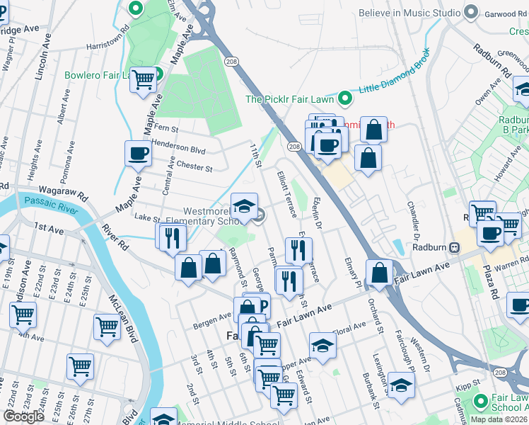 map of restaurants, bars, coffee shops, grocery stores, and more near 10-06 Backus Road in Fair Lawn
