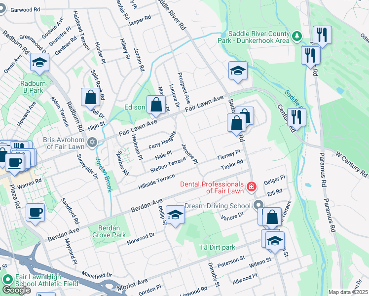 map of restaurants, bars, coffee shops, grocery stores, and more near Jerome Pl & Hale Pl in Fair Lawn