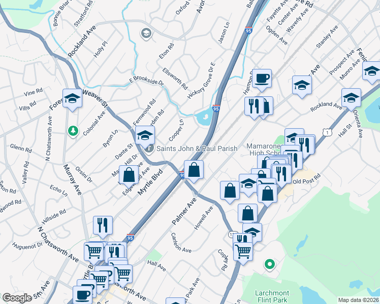 map of restaurants, bars, coffee shops, grocery stores, and more near 45 Harmon Drive in Larchmont