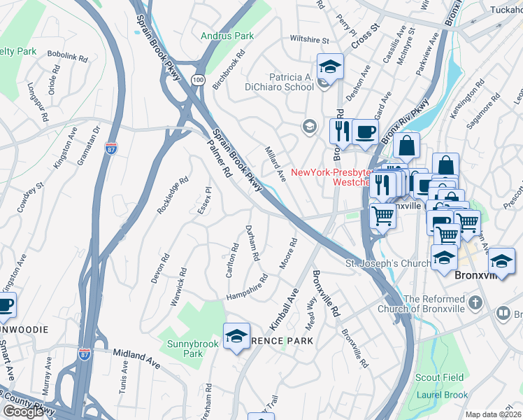 map of restaurants, bars, coffee shops, grocery stores, and more near 830 Palmer Road in Yonkers