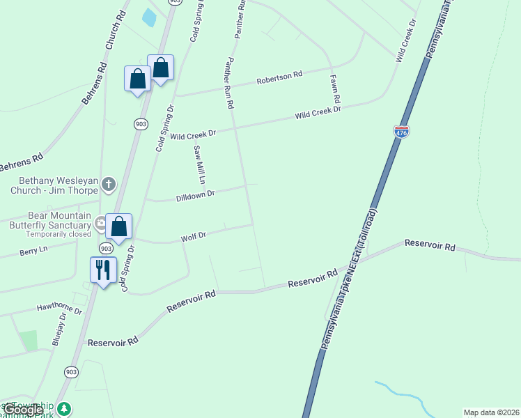 map of restaurants, bars, coffee shops, grocery stores, and more near 177 Panther Run Rd in Jim Thorpe