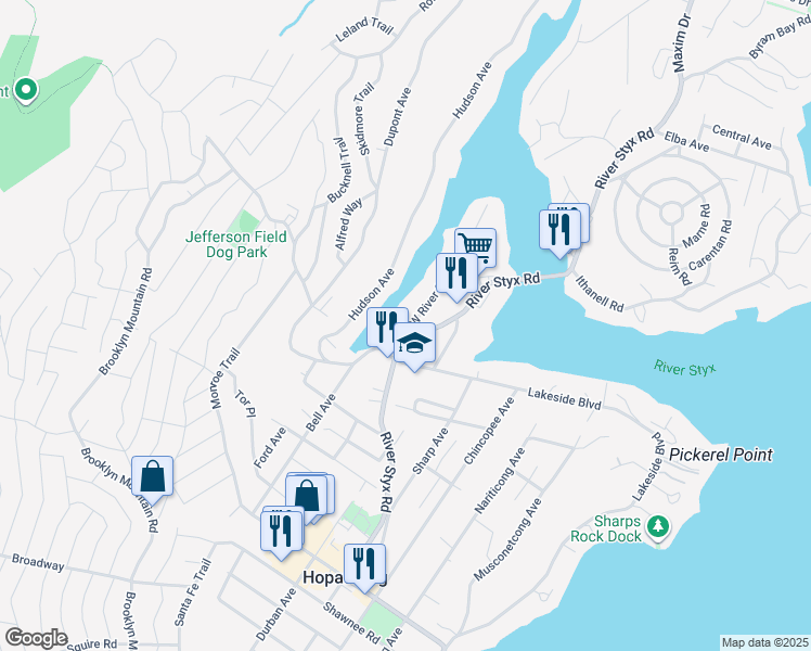 map of restaurants, bars, coffee shops, grocery stores, and more near 10 West River Styx Road in Hopatcong