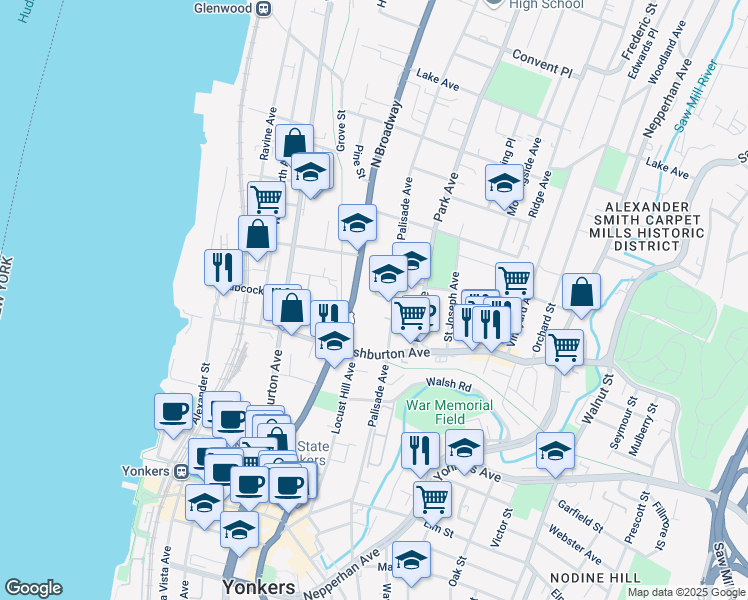 map of restaurants, bars, coffee shops, grocery stores, and more near 190 North Broadway in Yonkers