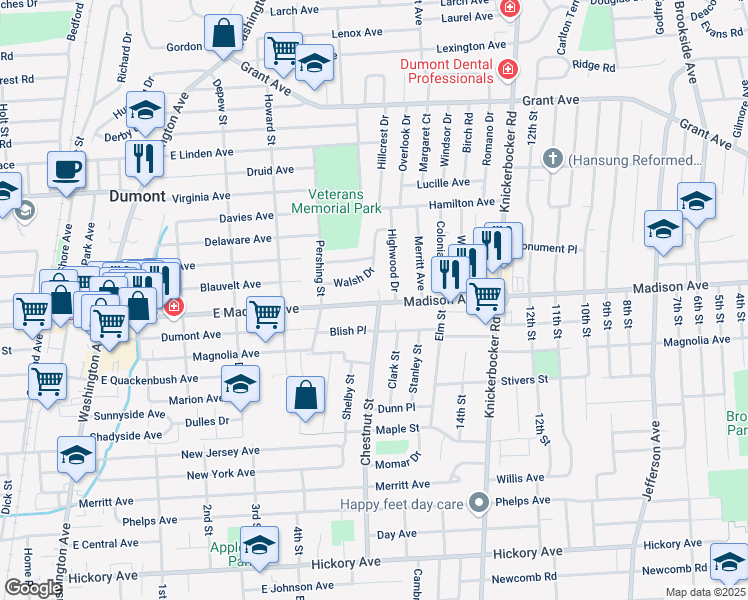 map of restaurants, bars, coffee shops, grocery stores, and more near in Dumont