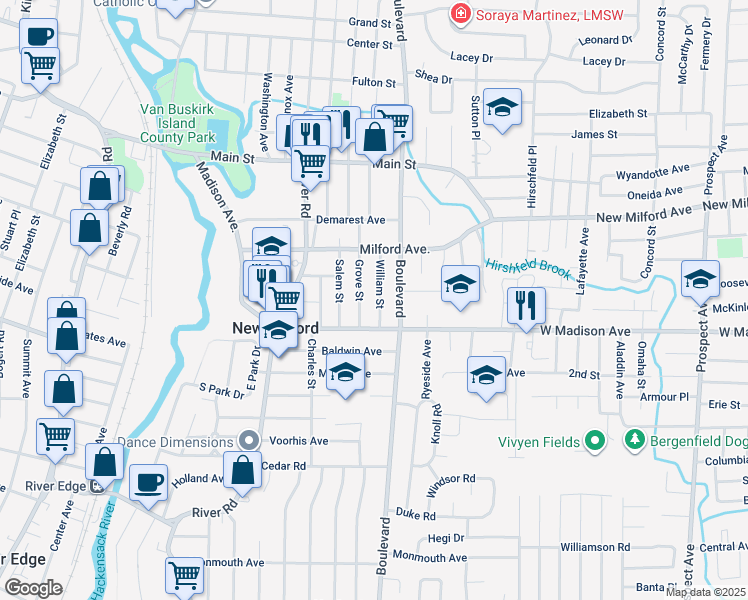 map of restaurants, bars, coffee shops, grocery stores, and more near 354 William Street in New Milford