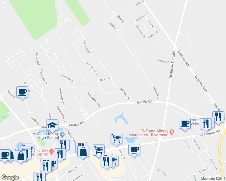 map of restaurants, bars, coffee shops, grocery stores, and more near 22 Arrowhead Avenue in Riverhead