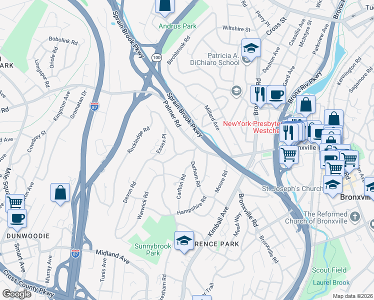 map of restaurants, bars, coffee shops, grocery stores, and more near 65 Durham Road in Yonkers