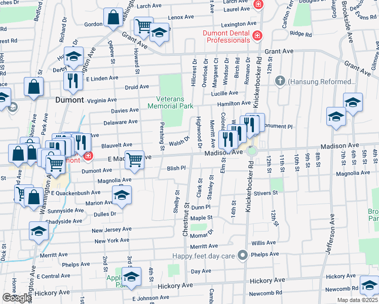 map of restaurants, bars, coffee shops, grocery stores, and more near in Dumont