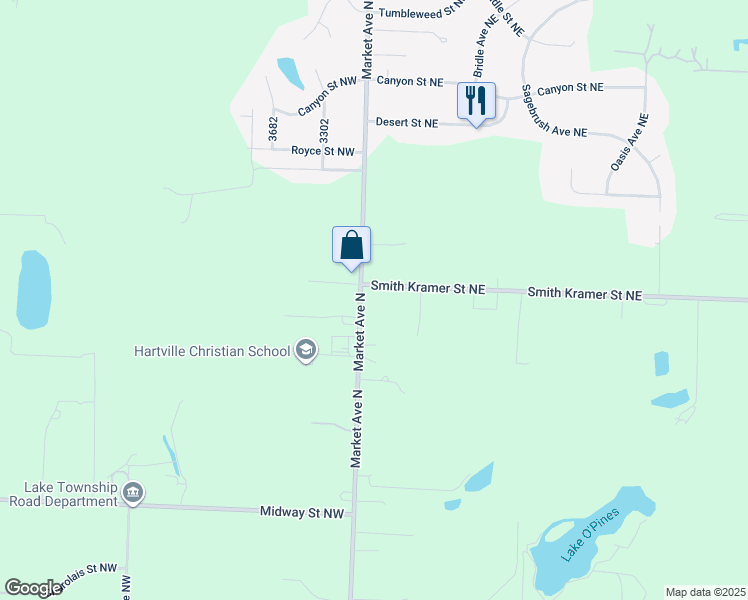 map of restaurants, bars, coffee shops, grocery stores, and more near 10630 Market Avenue North in Hartville