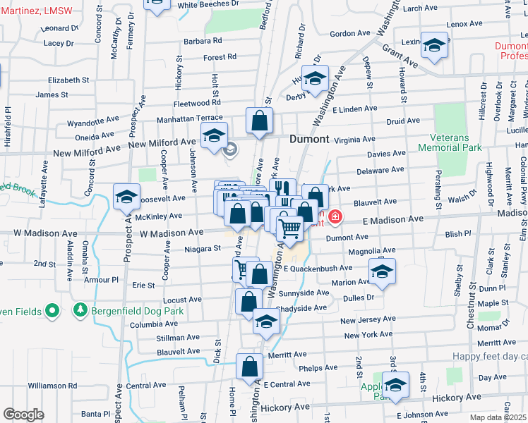 map of restaurants, bars, coffee shops, grocery stores, and more near 64 Park Avenue in Dumont