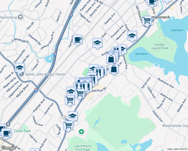 map of restaurants, bars, coffee shops, grocery stores, and more near 1000 West Boston Post Road in Mamaroneck