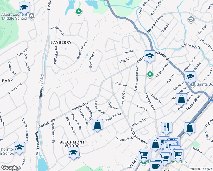 map of restaurants, bars, coffee shops, grocery stores, and more near 237 Rockingstone Avenue in Larchmont
