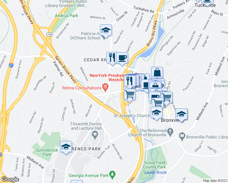 map of restaurants, bars, coffee shops, grocery stores, and more near 931 Palmer Road in Yonkers