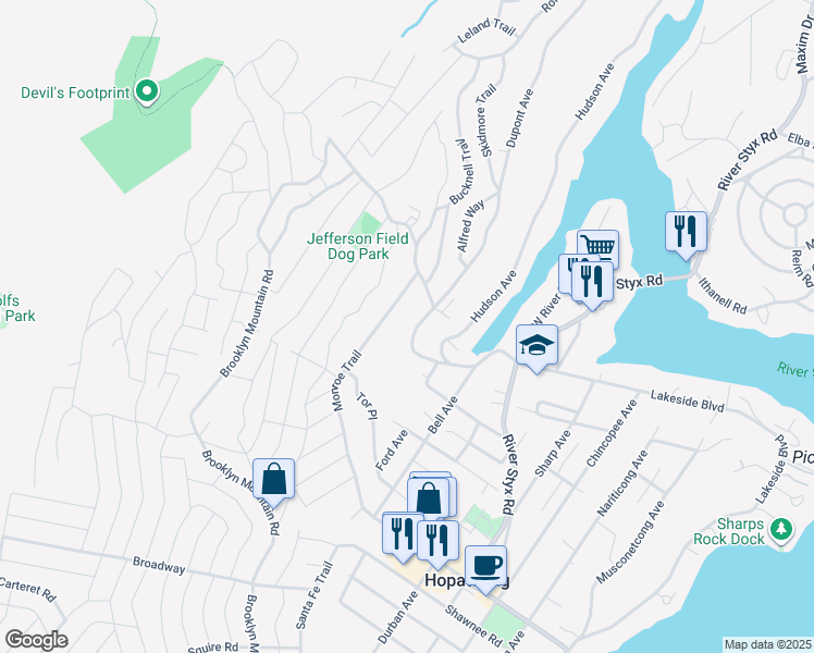 map of restaurants, bars, coffee shops, grocery stores, and more near 35 Dupont Avenue in Hopatcong