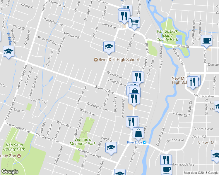 map of restaurants, bars, coffee shops, grocery stores, and more near 911 Elm Avenue in River Edge