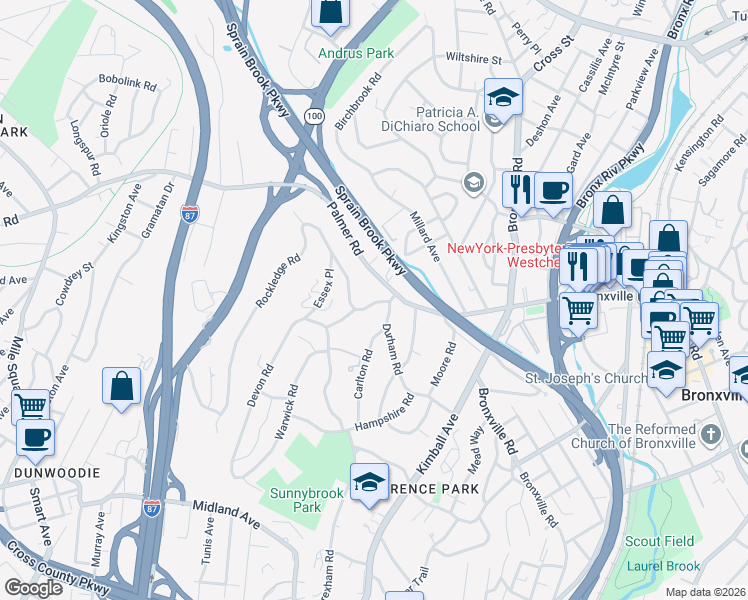 map of restaurants, bars, coffee shops, grocery stores, and more near 65 Durham Road in Yonkers