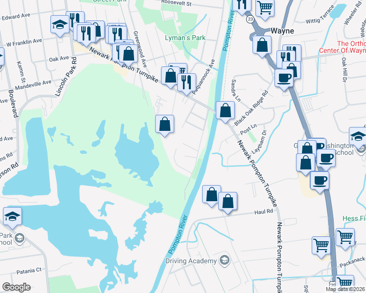 map of restaurants, bars, coffee shops, grocery stores, and more near 23 Roland Road in Pequannock Township