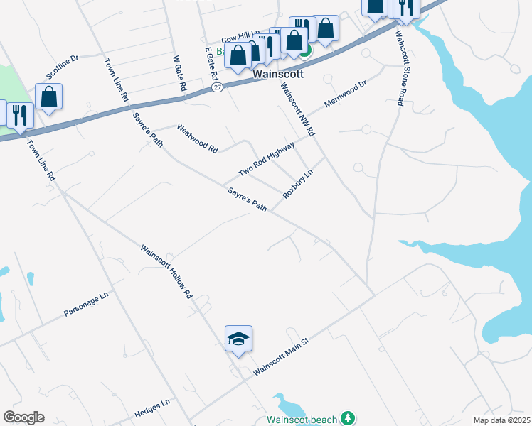 map of restaurants, bars, coffee shops, grocery stores, and more near 122 Sayre's Path in Wainscott
