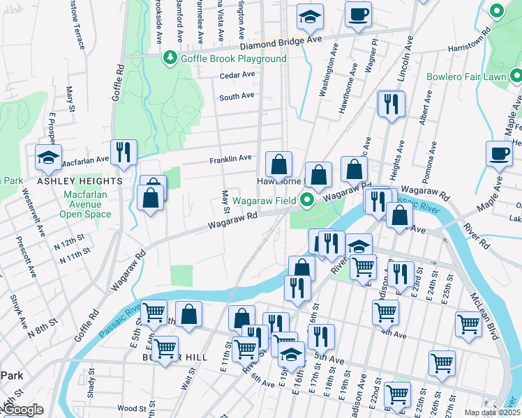 map of restaurants, bars, coffee shops, grocery stores, and more near 97 Lafayette Avenue in Hawthorne