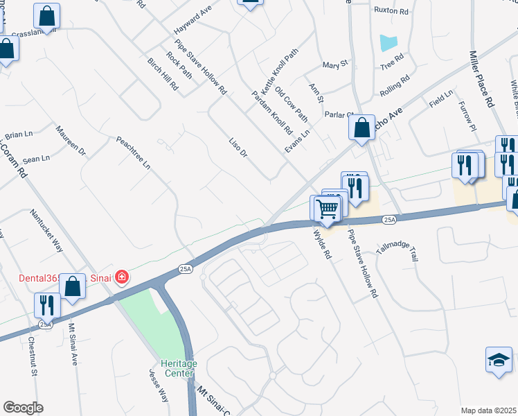 map of restaurants, bars, coffee shops, grocery stores, and more near 6 Munroe Avenue in Mount Sinai