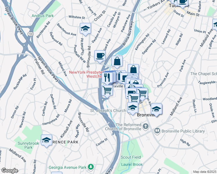 map of restaurants, bars, coffee shops, grocery stores, and more near 25 Milburn Street in Bronxville