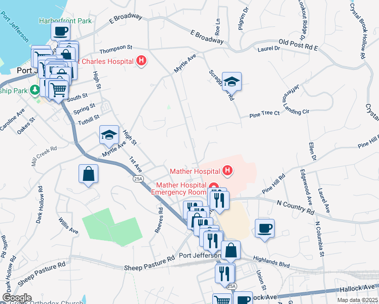 map of restaurants, bars, coffee shops, grocery stores, and more near 640 Belle Terre Road in Port Jefferson