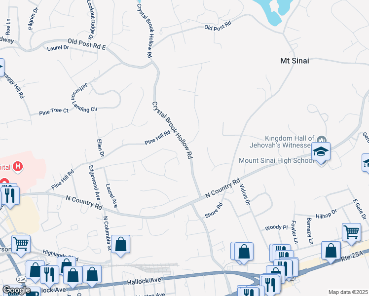 map of restaurants, bars, coffee shops, grocery stores, and more near 45 Hillcrest Avenue in Port Jefferson