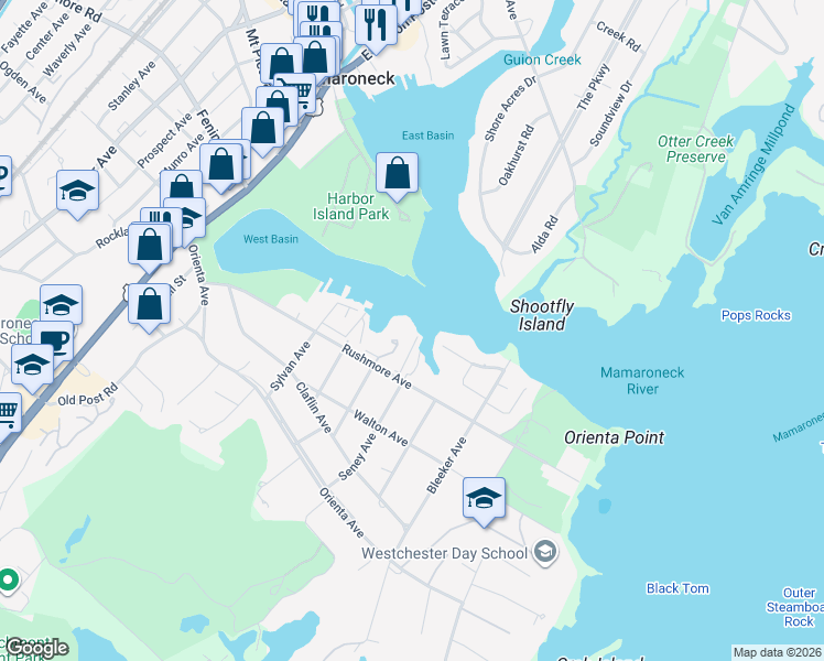map of restaurants, bars, coffee shops, grocery stores, and more near 622 Rushmore Avenue in Mamaroneck