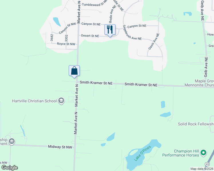 map of restaurants, bars, coffee shops, grocery stores, and more near 1240 Smith Kramer Street Northeast in Hartville