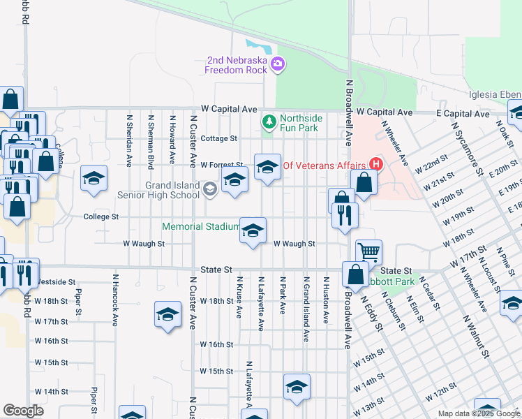 map of restaurants, bars, coffee shops, grocery stores, and more near 2124 North Lafayette Avenue in Grand Island