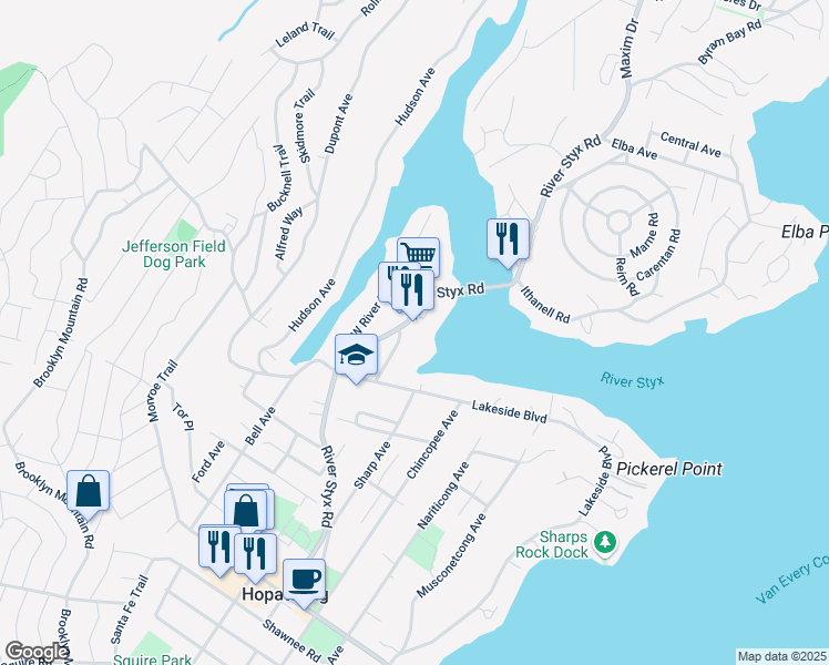 map of restaurants, bars, coffee shops, grocery stores, and more near 19 Durban Avenue in Hopatcong