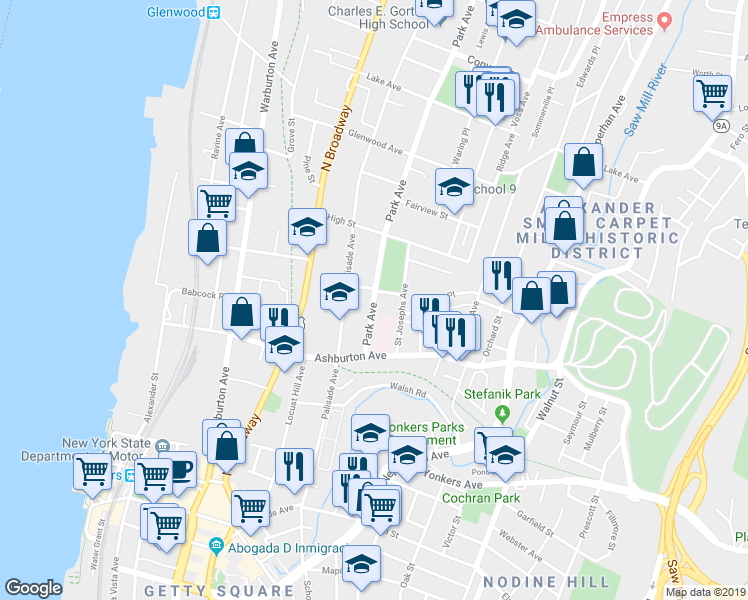 map of restaurants, bars, coffee shops, grocery stores, and more near 40 Park Avenue in Yonkers
