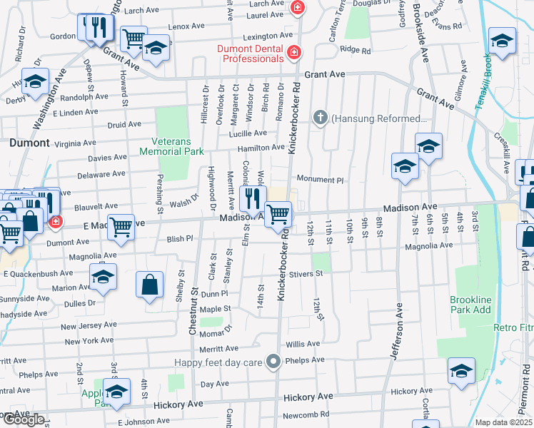 map of restaurants, bars, coffee shops, grocery stores, and more near 406 East Madison Avenue in Dumont