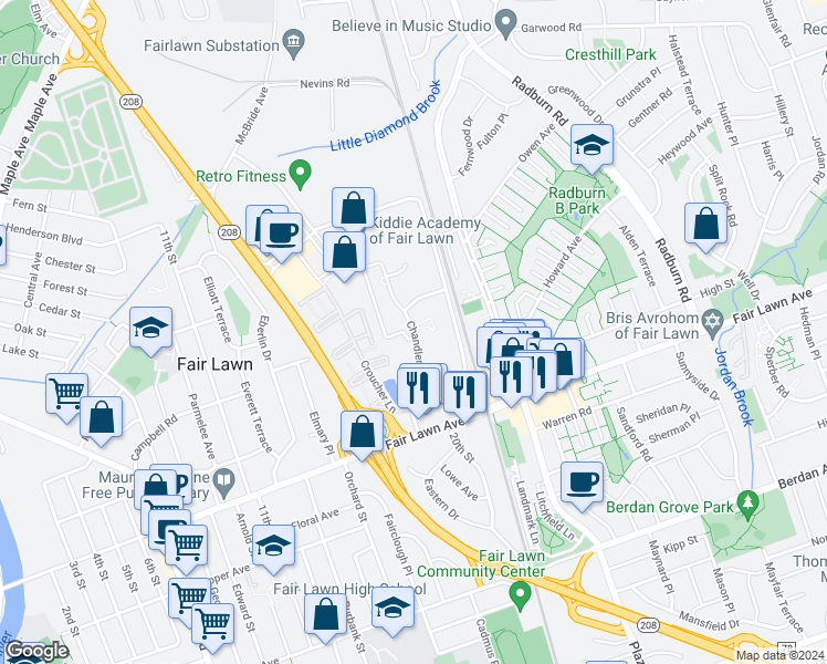 map of restaurants, bars, coffee shops, grocery stores, and more near 1724 Chandler Drive in Fair Lawn