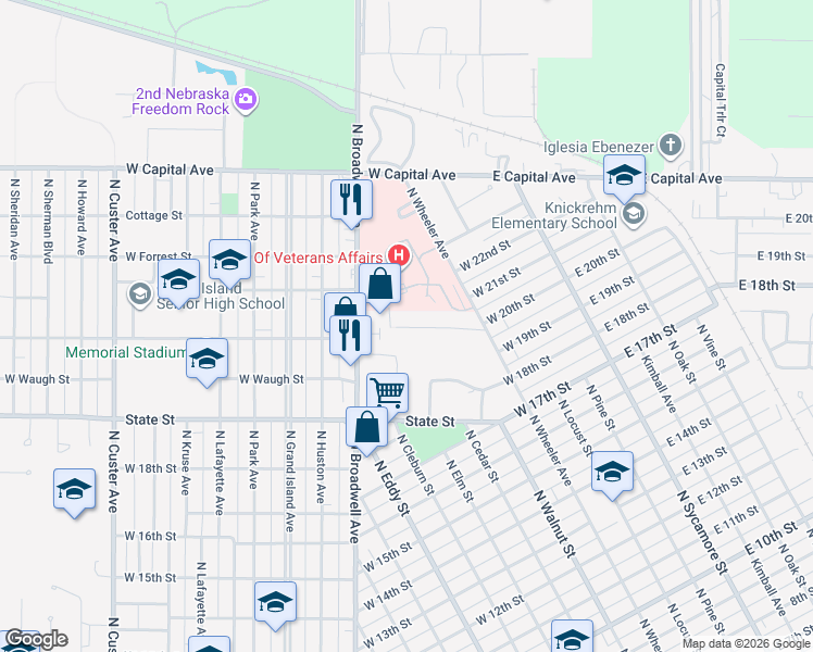 map of restaurants, bars, coffee shops, grocery stores, and more near 620 West State Street in Grand Island