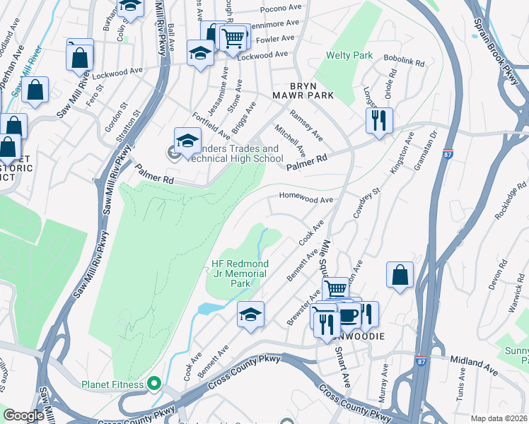 map of restaurants, bars, coffee shops, grocery stores, and more near 65 Brynwood Road in Yonkers