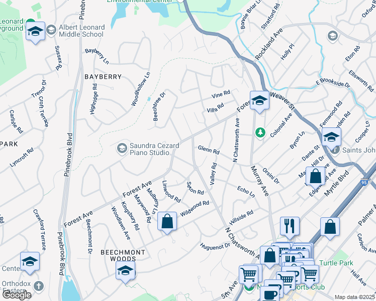 map of restaurants, bars, coffee shops, grocery stores, and more near 237 Rockingstone Avenue in Larchmont