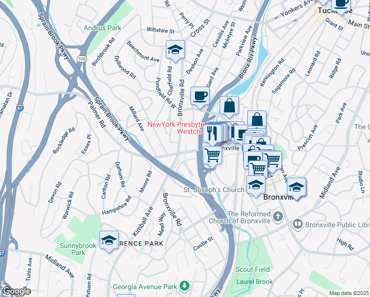 map of restaurants, bars, coffee shops, grocery stores, and more near 240 Bronxville Road in Yonkers