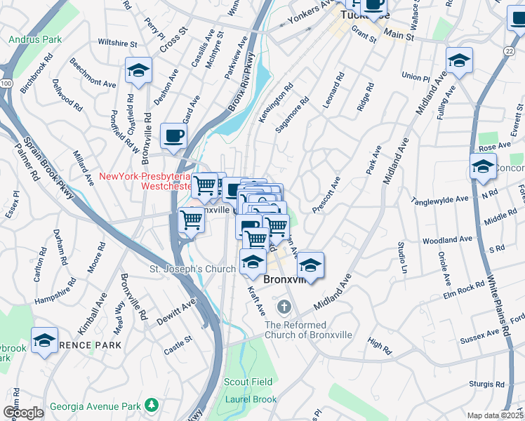 map of restaurants, bars, coffee shops, grocery stores, and more near 65 Pondfield Road in Bronxville