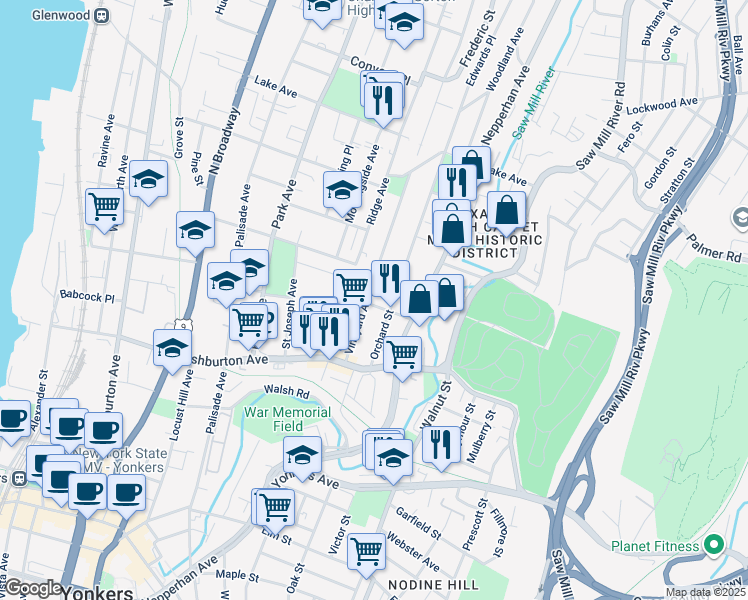 map of restaurants, bars, coffee shops, grocery stores, and more near 2 Myrtle Street in Yonkers