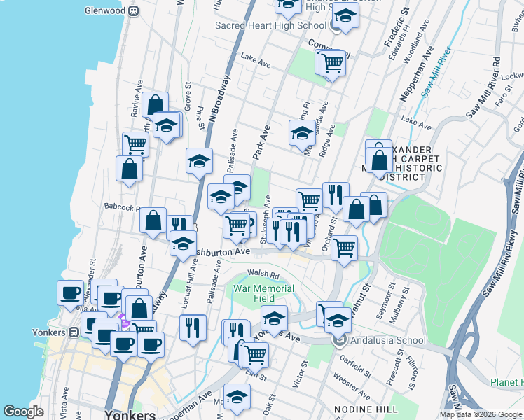 map of restaurants, bars, coffee shops, grocery stores, and more near 40 Park Avenue in Yonkers