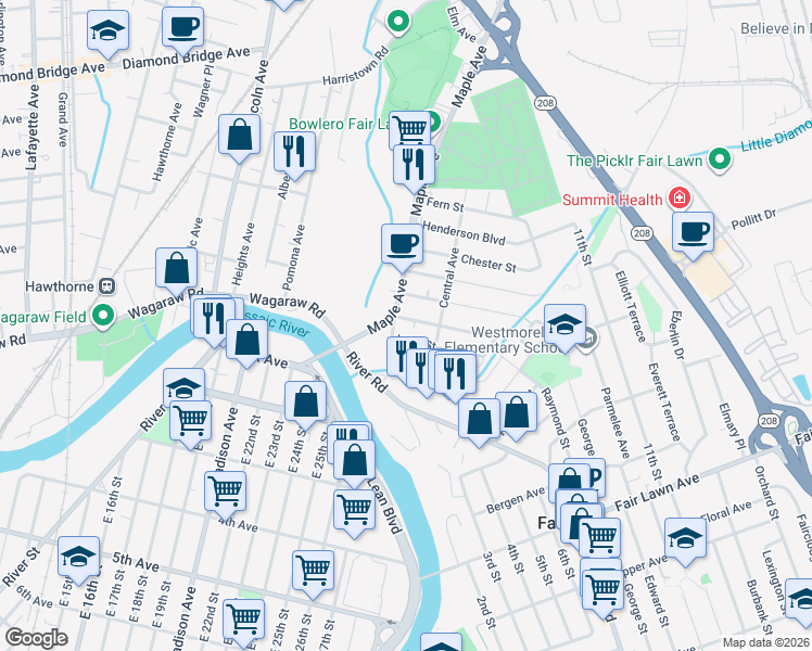map of restaurants, bars, coffee shops, grocery stores, and more near 7-15 Lake Street in Fair Lawn