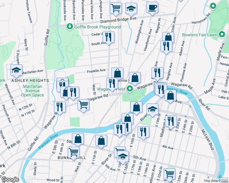 map of restaurants, bars, coffee shops, grocery stores, and more near 272 Wagaraw Road in Hawthorne