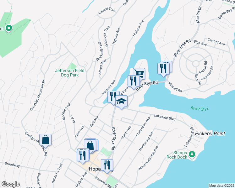 map of restaurants, bars, coffee shops, grocery stores, and more near 10 West River Styx Road in Hopatcong