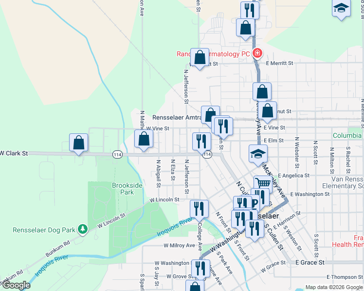 map of restaurants, bars, coffee shops, grocery stores, and more near 702 North Jefferson Street in Rensselaer