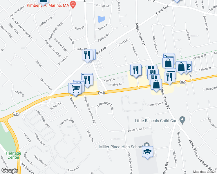 map of restaurants, bars, coffee shops, grocery stores, and more near 17 Halley Lane in Miller Place