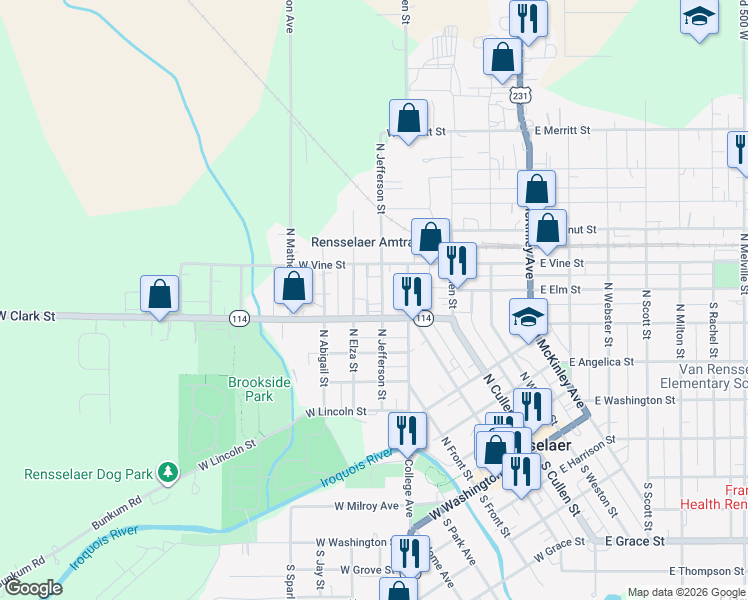 map of restaurants, bars, coffee shops, grocery stores, and more near 702 North Jefferson Street in Rensselaer