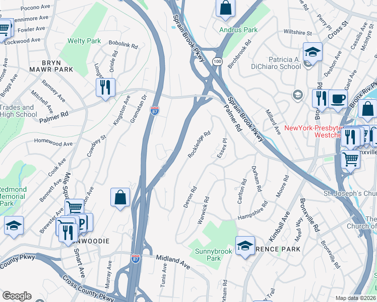 map of restaurants, bars, coffee shops, grocery stores, and more near 1160 Central Park Avenue in Yonkers