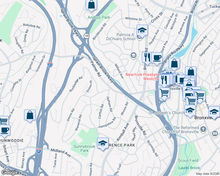 map of restaurants, bars, coffee shops, grocery stores, and more near 766 Palmer Road in Bronxville