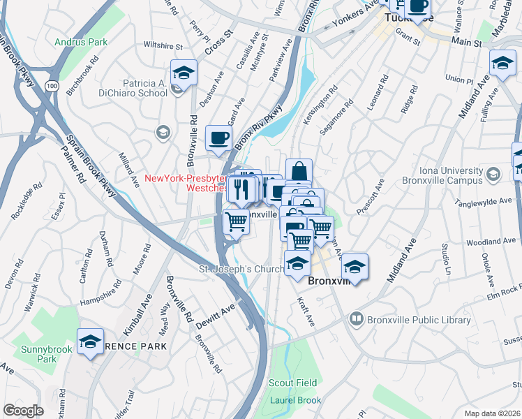 map of restaurants, bars, coffee shops, grocery stores, and more near 66 Palmer Avenue in Bronxville